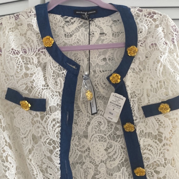 Ivory lace cardigan with denim trim, gold buttons NWT - Picture 3 of 6